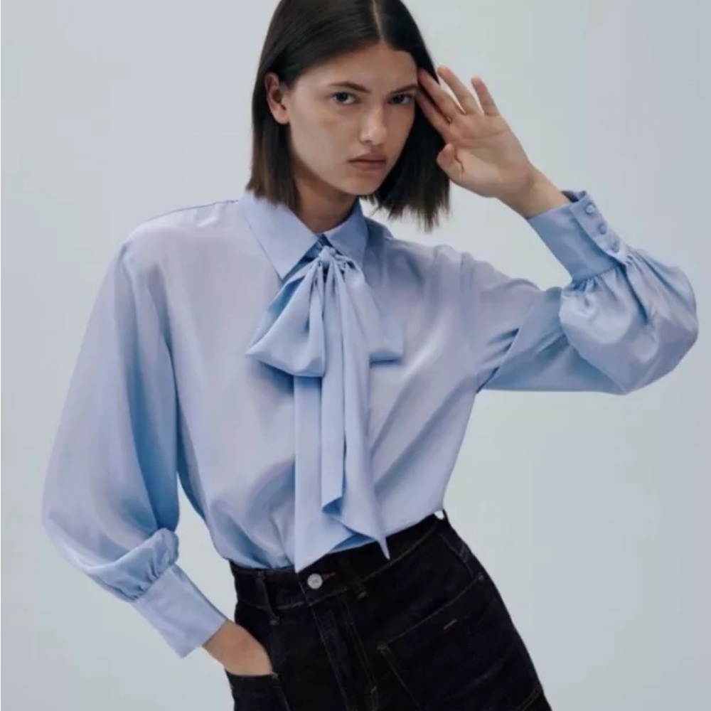 Zara blue satin effect tied blouse NWT
